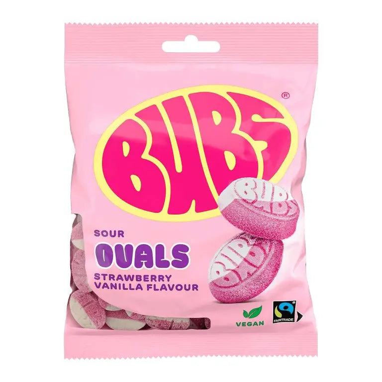 Svéd BUBS Ovals Strawberry Vanilla epres-vaníliás savanyú cukor 90g