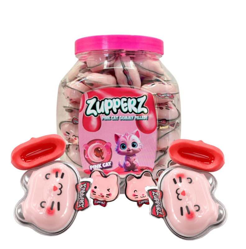 Pink Cat Macska formájú gumicukor, eper ízű folyékony töltelékkel 18g