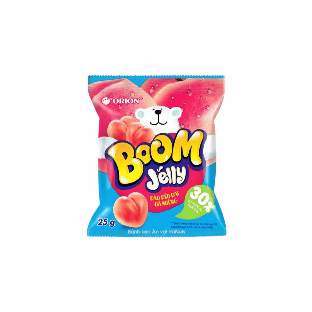 Hámozható barackos gumicukor Orion Boom Peach Gummy 25g