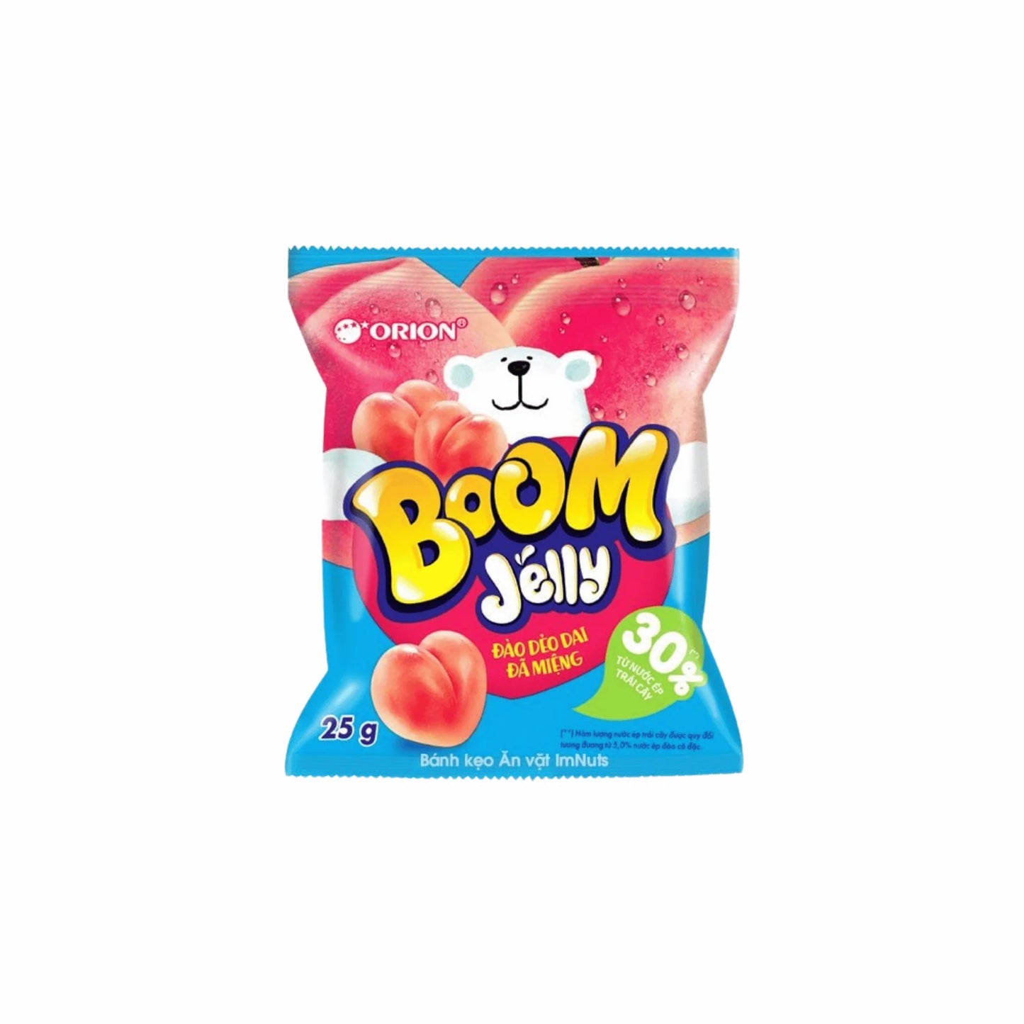 Hámozható barackos gumicukor Orion Boom Peach Gummy 25g