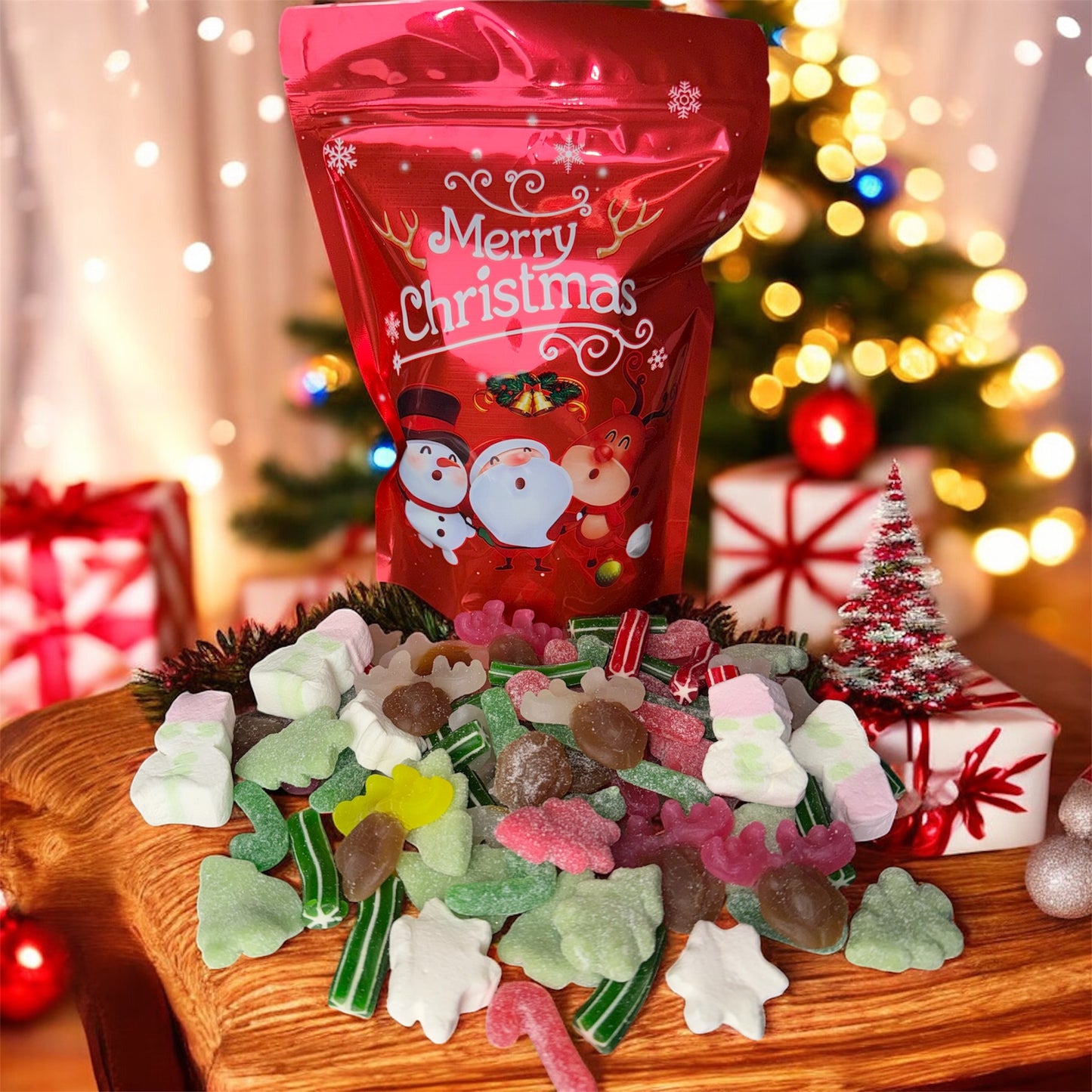 Karácsonyi prémium angol gumicukor mix válogatás piros tasakban 400g