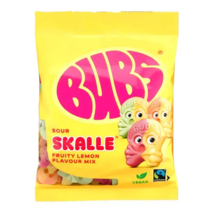 Svéd BUBS Sour Skalle Fruity Lemon Mix koponya alakú savanyú cukor 90g