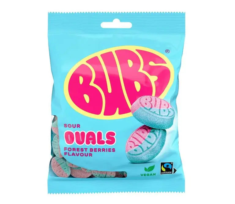 Svéd BUBS Sour Ovals Forest Berries savanyú bogyós gyümölcs ízű cukor 90g