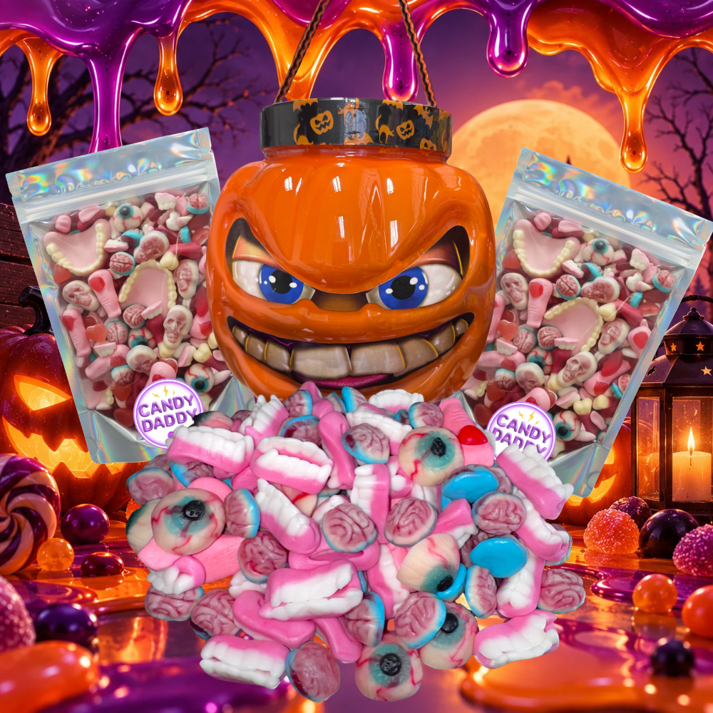 Halloween gumicukor Mix Tök alakú zárható dobozban 2x500g