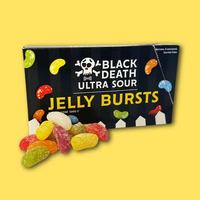 Mr Simms Black Death Ultra Sour Jelly Bursts Theatre Box savanyú drazsé 100g