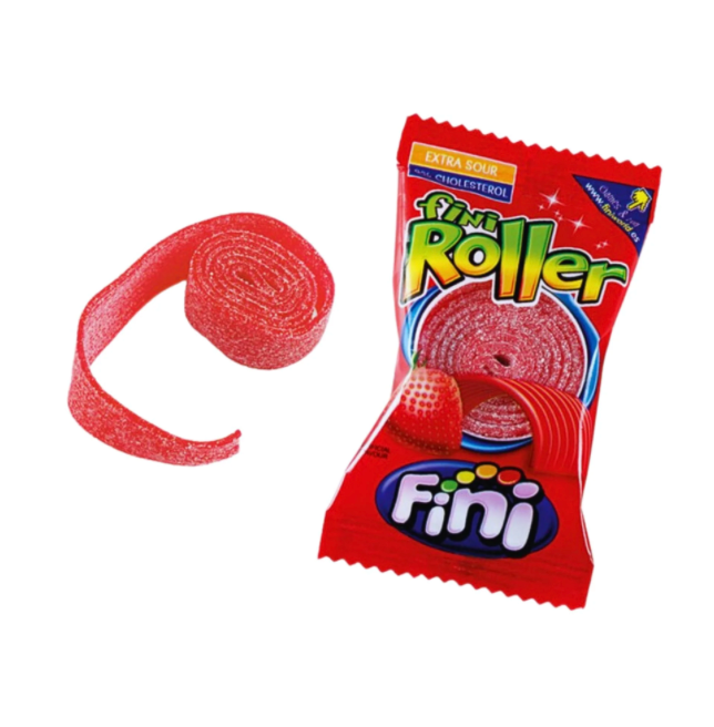 Bomboană gummy extra acidulată cu căpșuni Fini Roller 25g