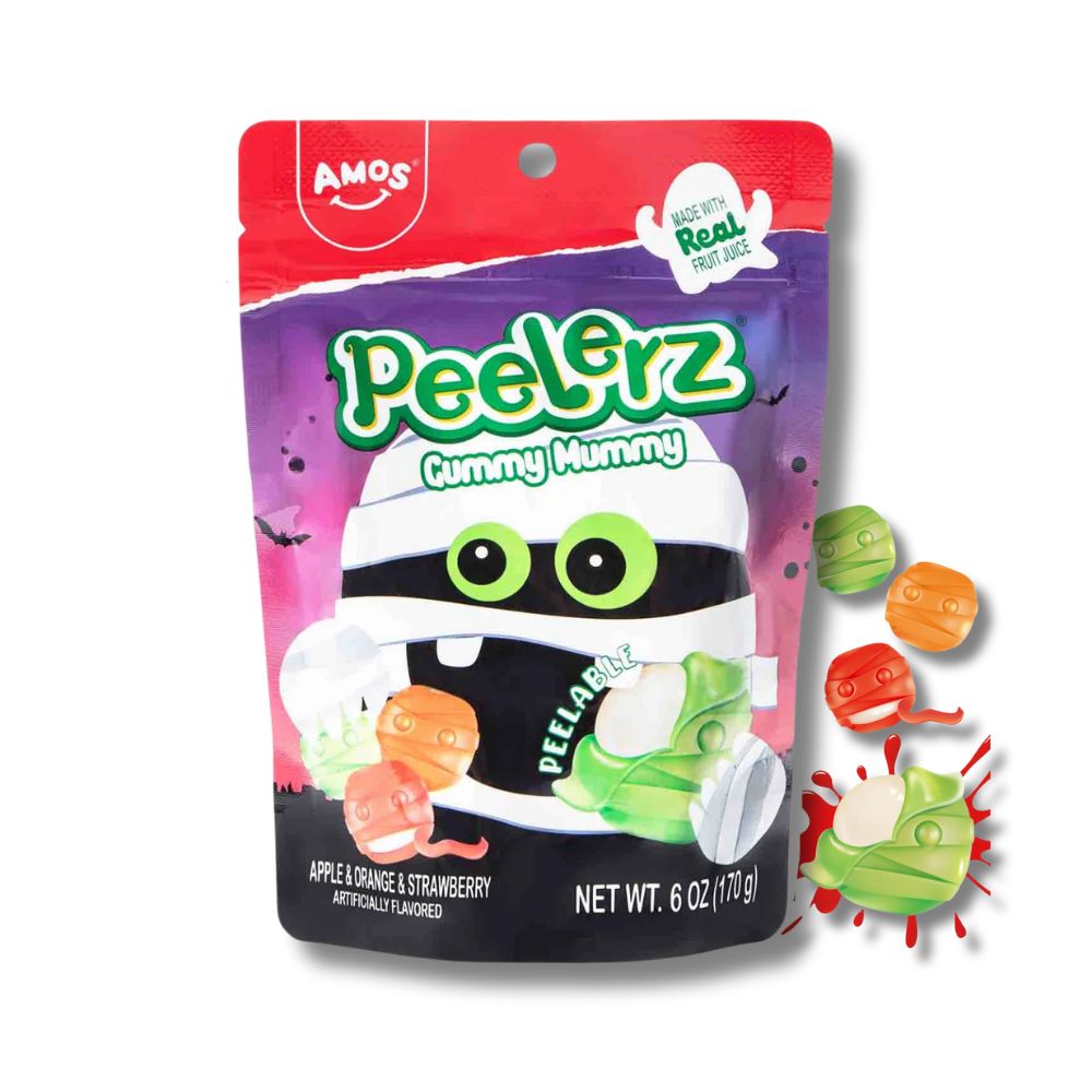 AMOS Peelerz Mummy Halloween múmia alakú hámozható gumicukor 65g