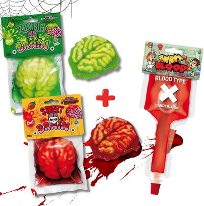 Zombie agy gumicukor 2x + Sweet Blood ehető vér cukorszirup Halloween csomag