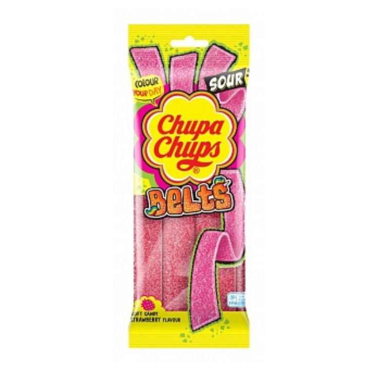 Chupa Chups Sour Belts Strawberry savanyú epres szíjak 90g