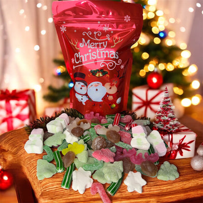 Karácsonyi  prémium angol gumicukor mix válogatás piros tasakban 400g