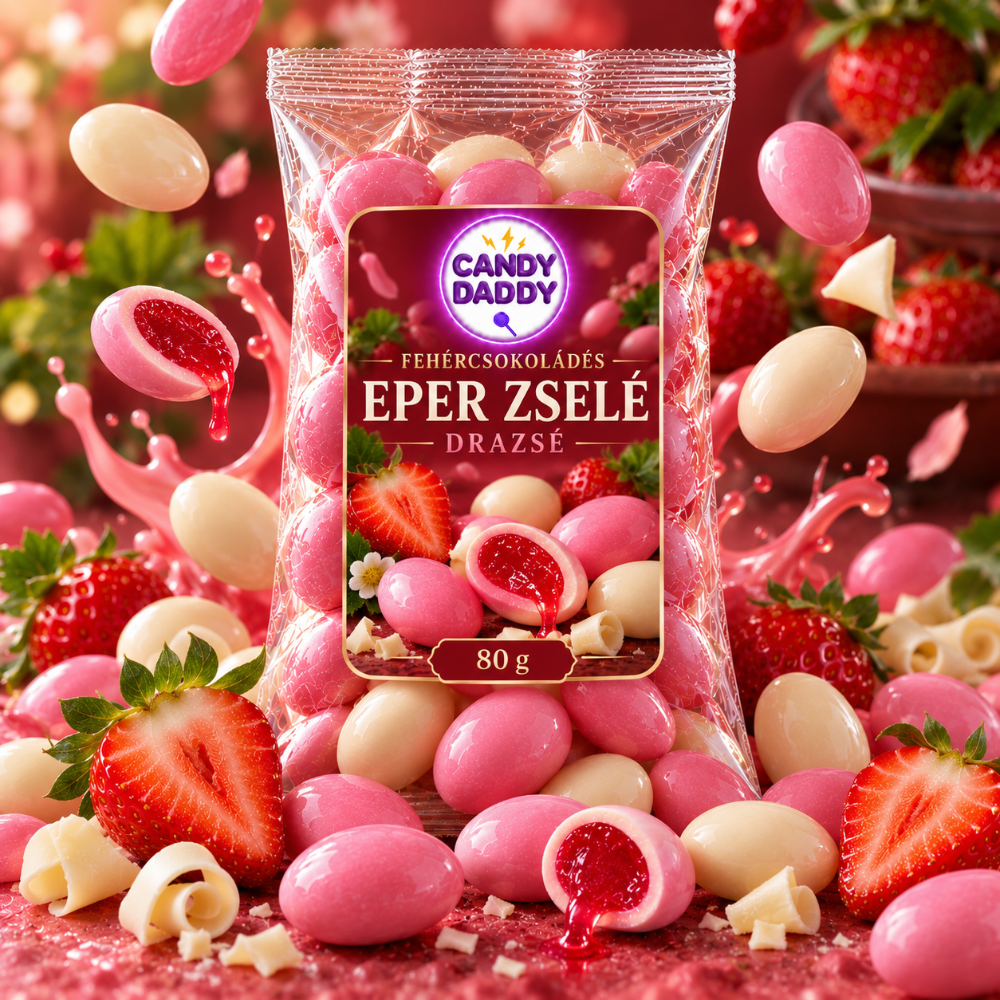 Fehércsokoládés Eper zselé Drazsé 80g