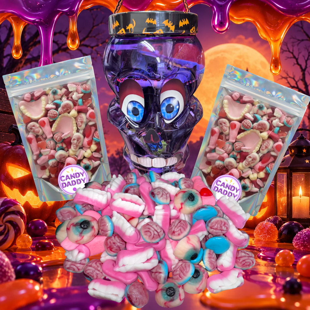 Halloween gumicukor mix műanyag koponyában 2x500g